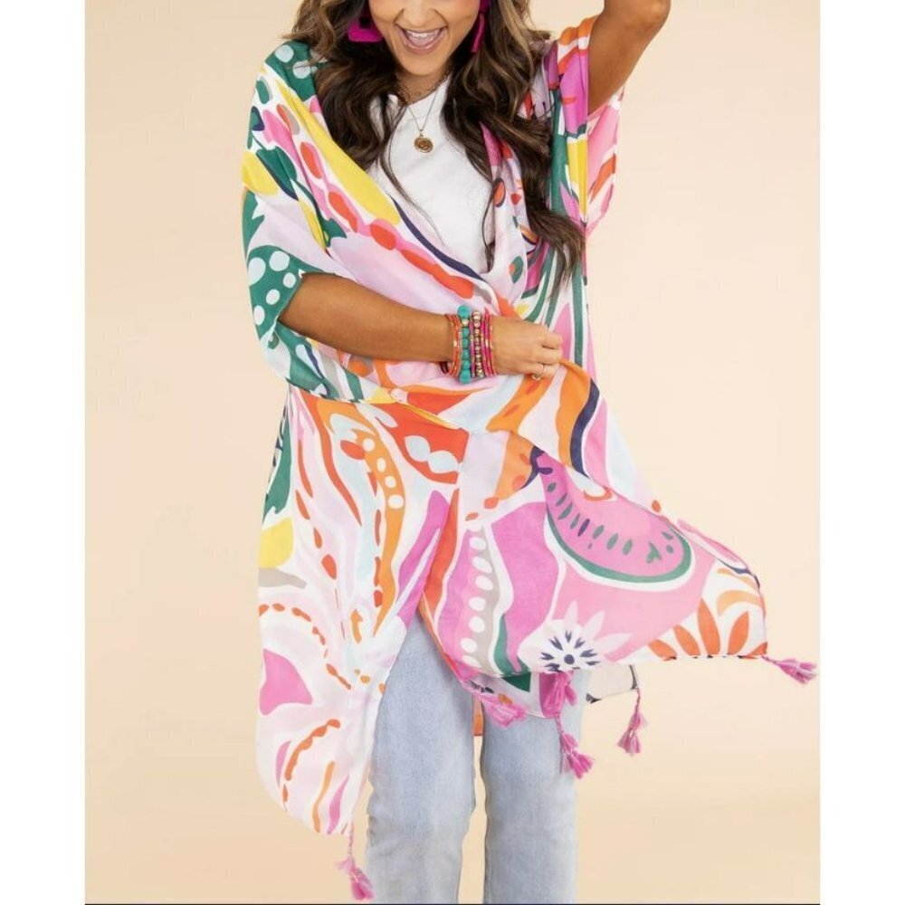 Tropical Floral Print Open Front Kimono with Tassel Fringe - Picture 3 of 7